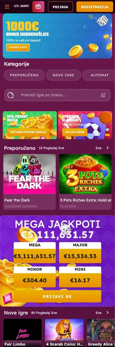 Mobilna verzija stranice Letsjackpot