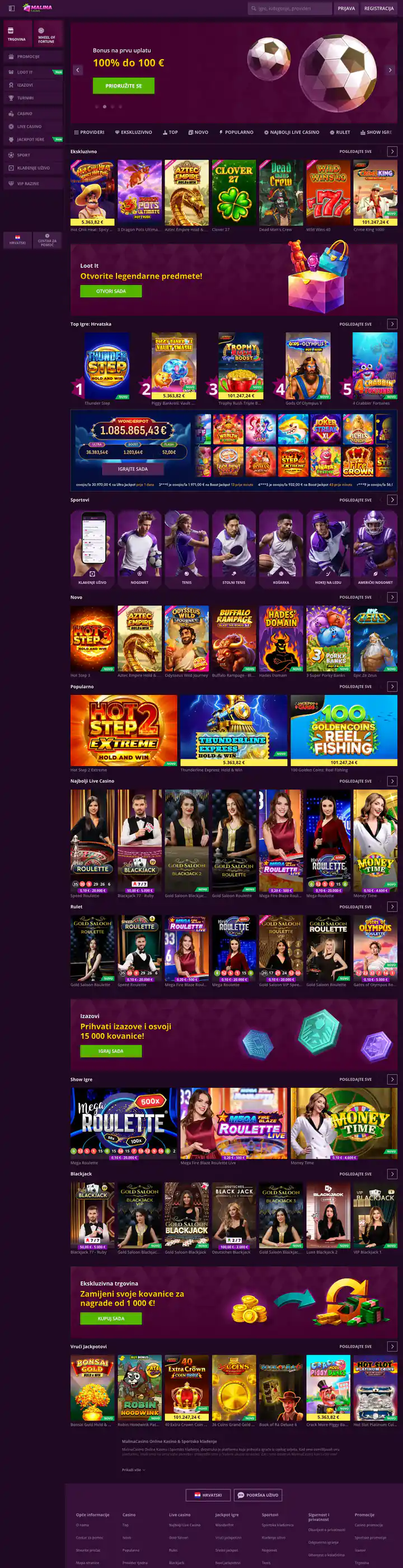 Malina Casino naslovna stranica