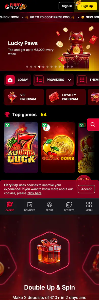 Mobilna verzija stranice FieryPlay
