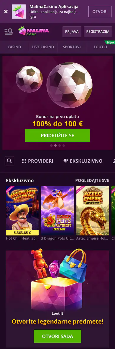 Mobilna verzija stranice Malina Casino